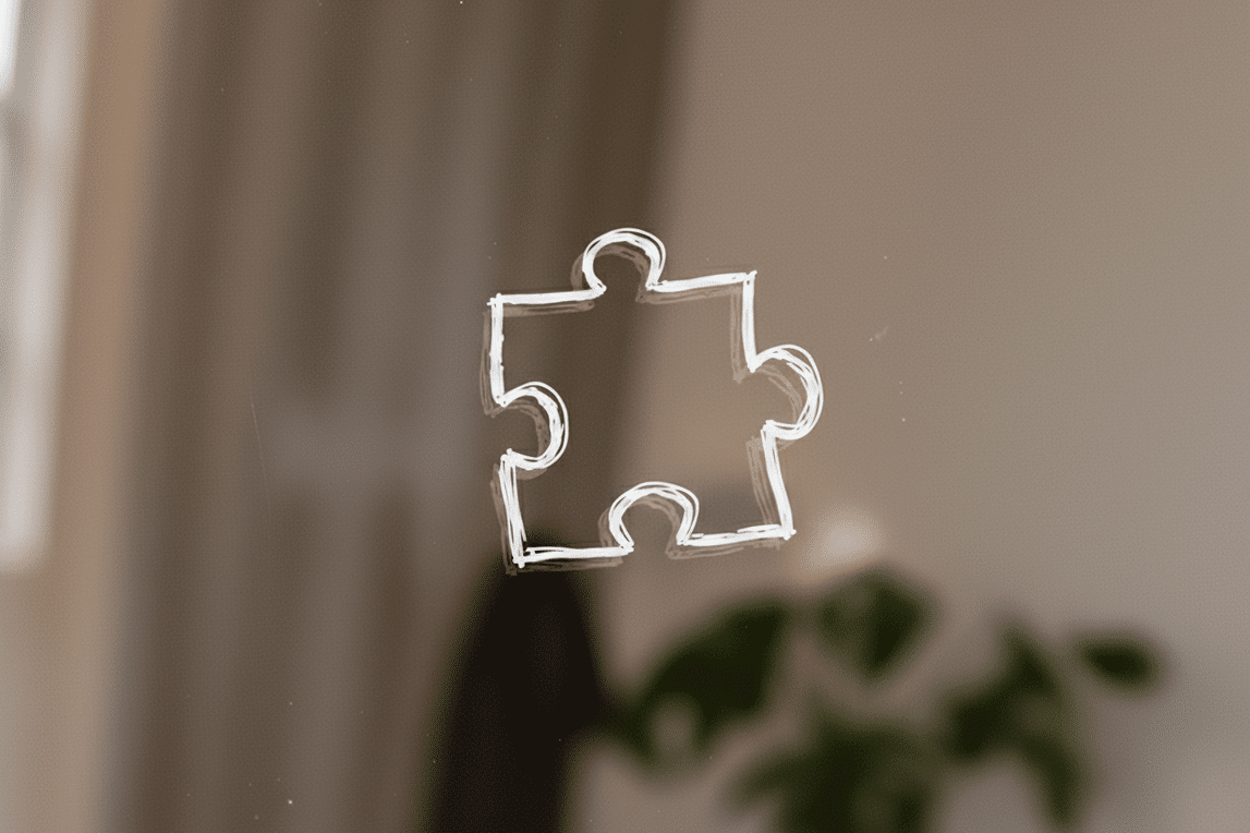 Witte tekening van een puzzelstukje op glas, met een vage achtergrond van een kamer en planten.